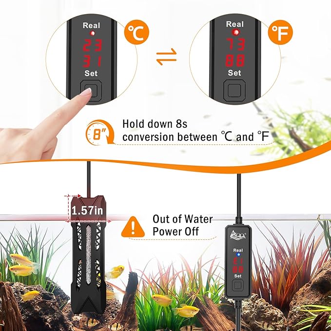 AQQA Small Aquarium Heater,Submersible Fish Tank Heater Adjustable Temperature,Mini Short Dual-use Fish Heater with LED Digital Display Thermostat,Saltwater Freshwater 250W AQQA