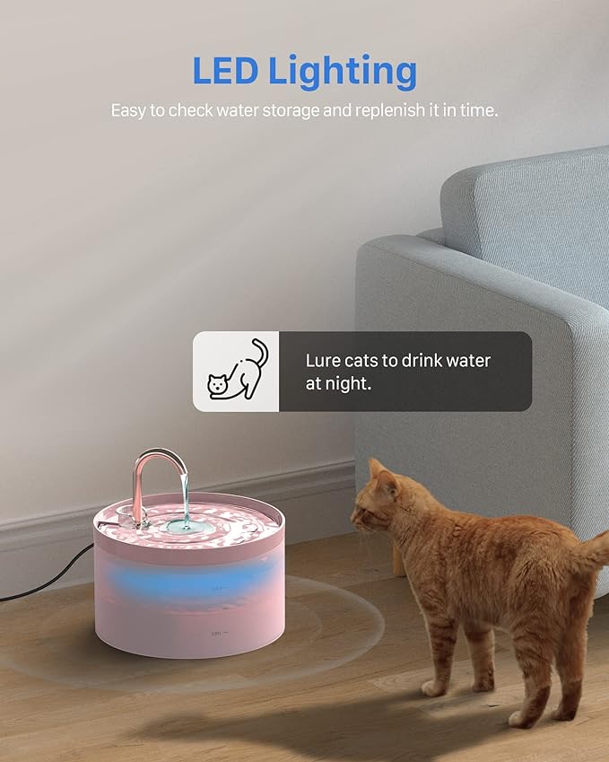 Cat Water Fountain Pink for Drinking: 67oz/2L Cat Fountain - Cute Pet Water Fountain for Cats Inside - Quiet Cat Drinking Fountain - Faucet Pet Fountain - Suitable for Kitty & Kitten - GIOTOHUN - PAWPICO