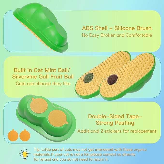 SEVENKA 2 Cat Toys Self-Grooming Cat Brush with 3 Catnip Balls & 3 Gall Fruit, Kitty Kitten Scratcher Self Groomer Catnip Toys for Indoor Cats, Chew Toys Wall Corner Brushes Edible Wall Treats, Yellow - PAWPICO