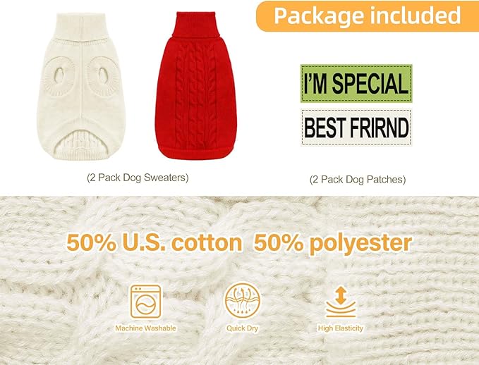 2 Pack Dog Sweaters for Small Dogs - Puppy Medium/Large Warm Clothes in Winter, Turtleneck Pullover Design for Boy Girl Pet, Doggie, Cat, Kitten Chihuahua Bulldog Pug Beagles (L, Red, Beige) - PAWPICO