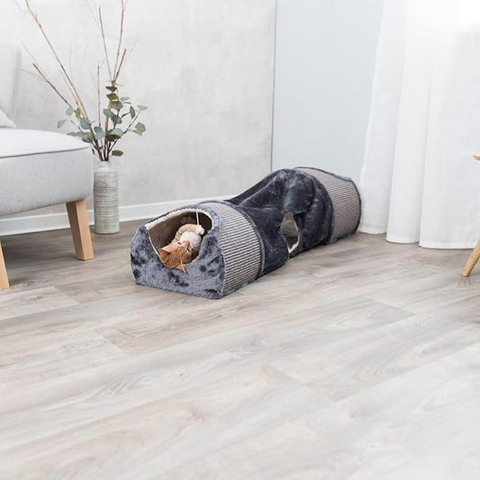 TRIXIE Cat Tunnel for Indoor Cats - Cozy Peekaboo Cat Cave Including Dangling Cat Toys - with Sturdy Sisal Scratching Surfaces - Collapsable and Easy to Store Cat Tube - in Gray - PAWPICO