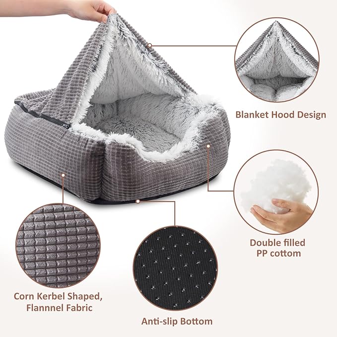 MIXJOY Dog Beds for Large Medium Small Dogs, Rectangle Cave Hooded Blanket Puppy Bed, Luxury Orthopedic Cat Beds for Indoor Cats, Warmth and Machine Washable (30 inches, Grey) - PAWPICO