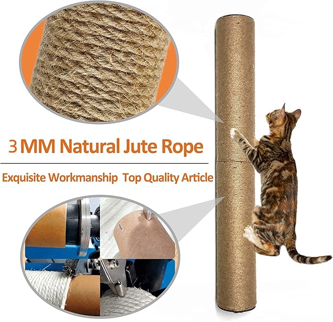 Cat Scratching Post Wall Mounted, 24 inch Tall 3.5 inch Diameter Cat Tree Scratch Post, Hemp Rope Scratcher Posts for Indoor Kittens and Large Cats with Screws - PAWPICO