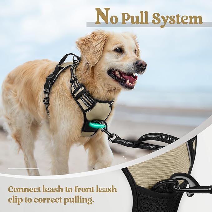 rabbitgoo Dog Harness No Pull with 2 Leash Clips, Adjustable Soft Padded, Reflective Oxford No Choke Pet Vest with Easy Control Handle for Large Dogs, Beige, L rabbitgoo