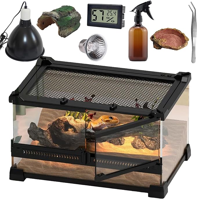 Reptile Glass Terrarium Kit (8 Pieces) 12 * 8 * 8 in,Double Door Amphibian Tank Starter Kit, Suitable for Small Reptiles Such as Geckos, Snakes, Lizards, Chameleons,Serpents SARUFO