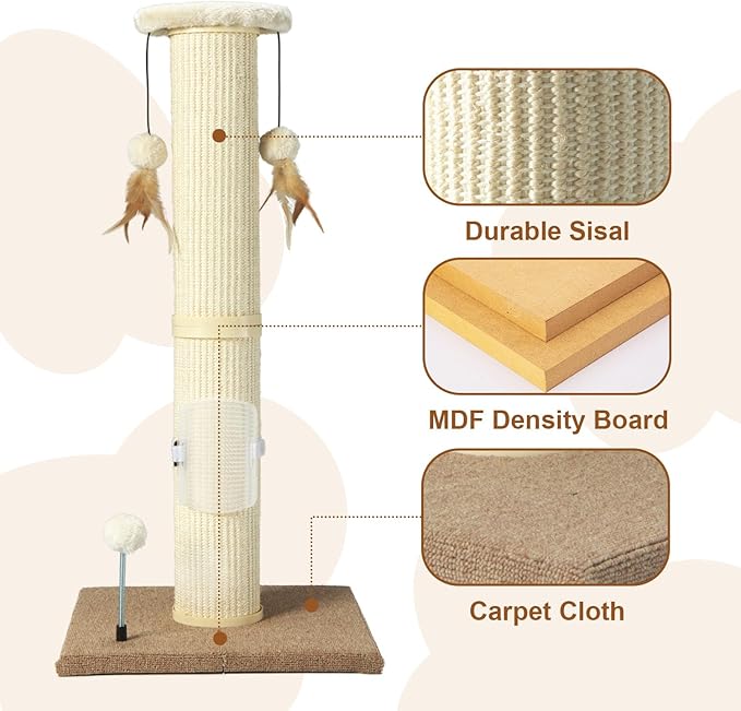 PAWSFANS Cat Scratching Post,34" Tall Large Sisal Woven Scratch Posts for Cats,with Hanging Ball Toy and Self-Massage Brush,Vertical Scratcher,5 Inches Diameter,Beige - PAWPICO