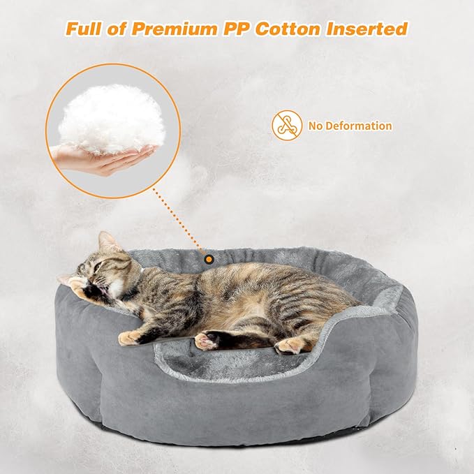 FHTONGE Heated Cat Bed Indoor with Timer and Temp Adjustment, Washable Self Warming Cat Bed Donut with Overheat Protection for Winter, Snuggle Round Cat Bed Cuddler with Electric Heating Pad - PAWPICO