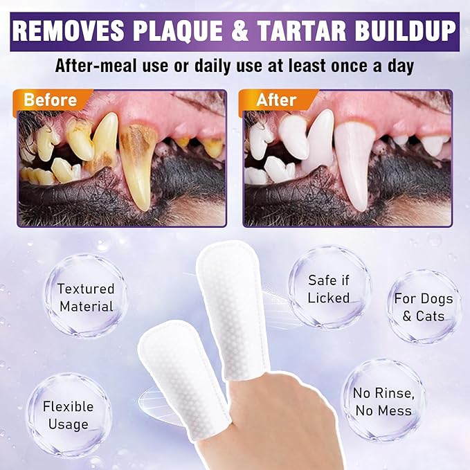 Teeth Cleaning Wipes for Dogs & Cats, Dental Care Finger Wipes, Remove Plaque, Tartar & Bad Breath, Disposable Gentle Cleaning & Gum Care Pet Wipes, No-Rinse Dog Finger Toothbrush, 50 Counts Pjordo