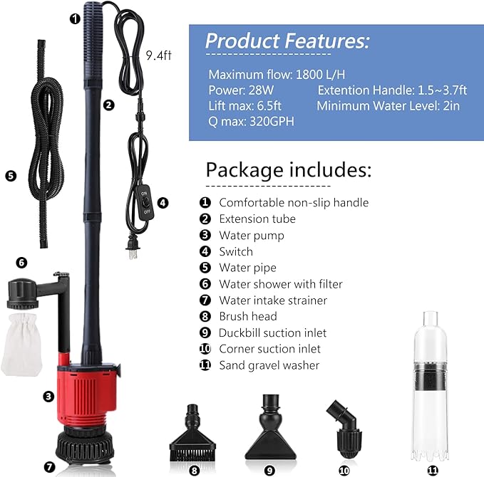 Aquarium Gravel Cleaner Siphon Kit, 6 in 1 Automatic Fish Tank Cleaning Tools Electric Removable Vacuum Water Changer for Changing Water/Removing Detritus/Washing Sands Carzos