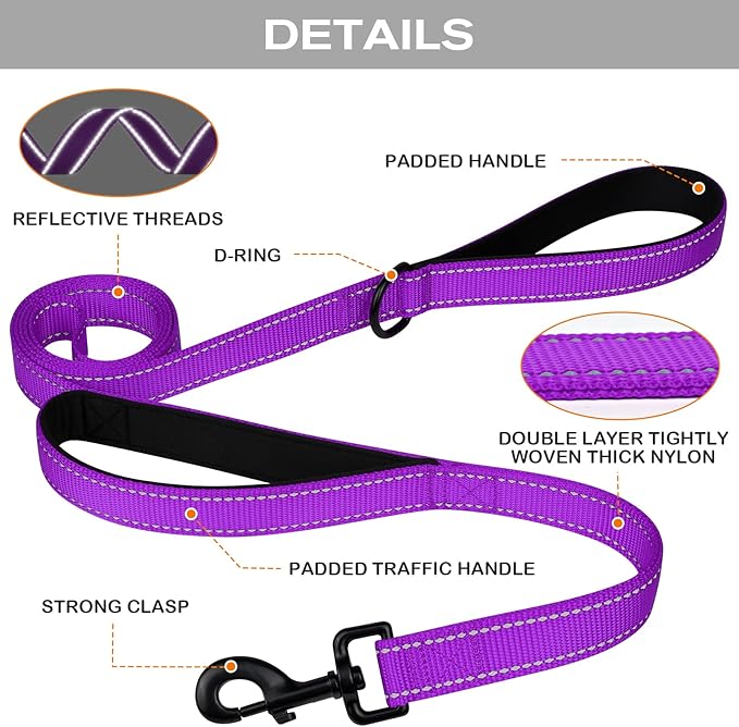 Joytale Dog Leash Heavy Duty for Large Dogs That Pull, Double Handle for Traffic Control, Double-Sided Reflective Leashes for Large Medium Dogs Night Safety, 6FT, Purple Joytale