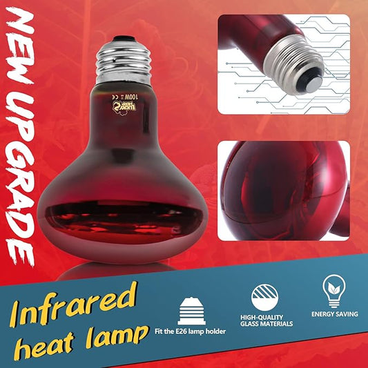LUCKY HERP Infrared Heat Lamp 100W 2 Pack,Reptile & Amphibian Basking Spot Light Bulbs, Red Heat Lamp Bulbs for Reptiles, Bearded Dragon, Turtle, Lizard, Snake, Chicken LUCKYHERP