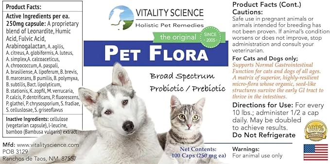 Pet Flora Natural Cat & Dog Gut Health Probiotics | Dog Digestive Supplements | Cat Constipation Relief | Dog Gas Remedy | Daily Probiotic for Dogs & Cats (250 Caps) VitalityScience