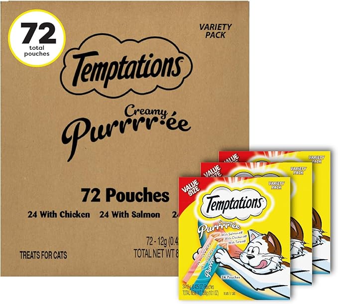 Temptations Creamy Puree with Chicken, Salmon, and Tuna Squeezable Lickable Wet Cat Treat Variety Pack, 0.42 oz. Tubes, 3 Packs of 24 (72 Total) Temptations