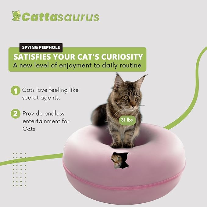 CATTASAURUS Peekaboo Cat Cave for Multiple & Large Cats Up to 30-45 Lbs, Scratch Detachable & Washable Tunnel Bed, Comfy Donut Cat Cave (Pink, Jumbo) - PAWPICO