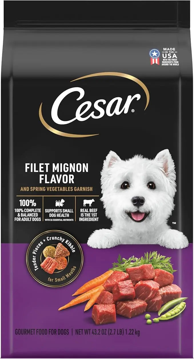 CESAR Small Breed Dry Dog Food, Filet Mignon Flavor and Spring Vegetables Garnish, 2.7 lb. Bag - PAWPICO