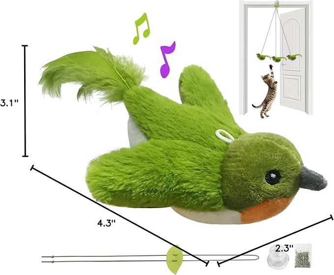 LEWISER Cat Toys Chirp Chickadee, Interactive Cat Feather Toys, Retractable Cat Teaser Toy, Hanging Toys for Indoor Cats Exercise, Kitten Kitty Fun Mental Physical Toys, Green (1 Pack) - PAWPICO