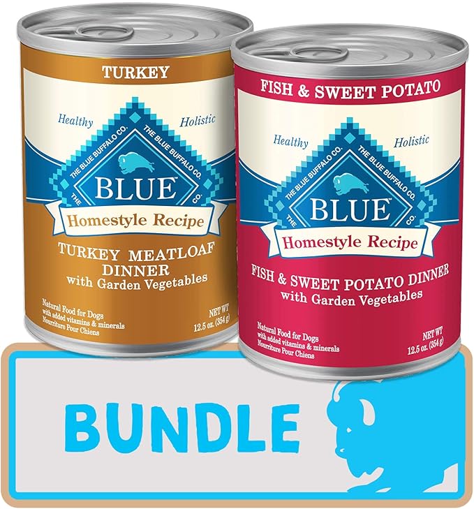 Blue Buffalo Homestyle Recipe Natural Adult Wet Dog Food, Turkey Meatloaf and Fish & Sweet Potato Bundle - PAWPICO