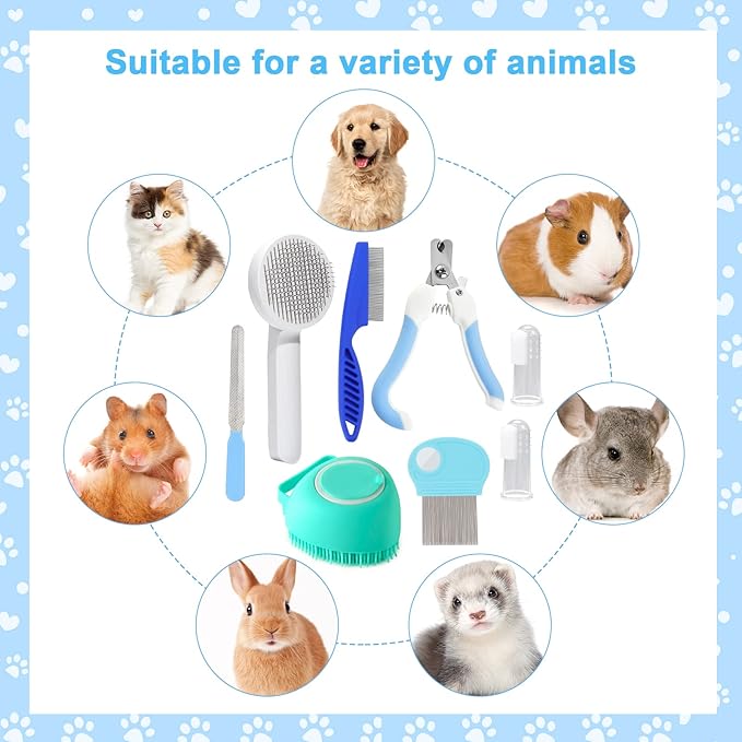 VCZONE 8 Pcs Cat Brush Grooming Kits, Pet Self Cleaning Kit with Pet Nail Clipper and File, Flea Comb, Pet Shampoo Bath Brush, Pet Shedding Brush, Silicone Toothbrush (Blue) - PAWPICO