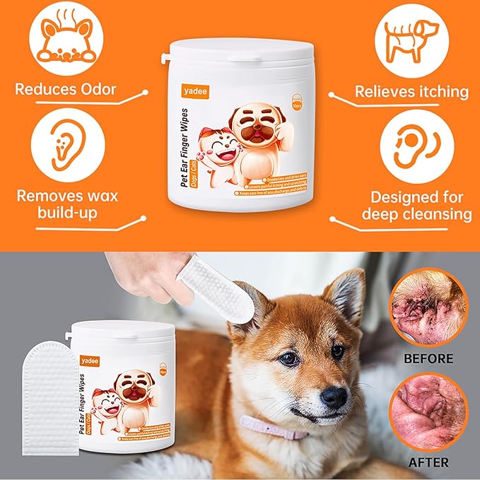 50Pcs Dog Ear Wipes Finger, Dog Ear Cleaner Wipes for Dogs and Cats, Pet Ear Wipes, Soft & Easy Otic Cleaning Pads, Remove Wax, Dirt & Stop Smelly, Itchy, Non-Irritating, All Natural Ingredients yadee