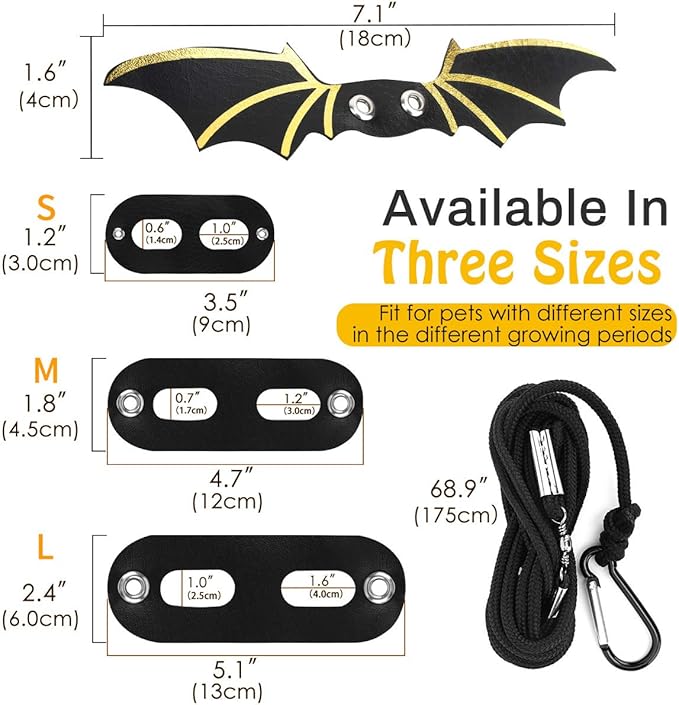 Pawaboo Adjustable Bearded Dragon Harness and Leash, 3 Size Leather Reptile Leash Outdoor Harness Leash with Bat Wings for Lizard Reptiles Amphibians Small Pet, Small/Medium/Large, Black+Gold Pawaboo