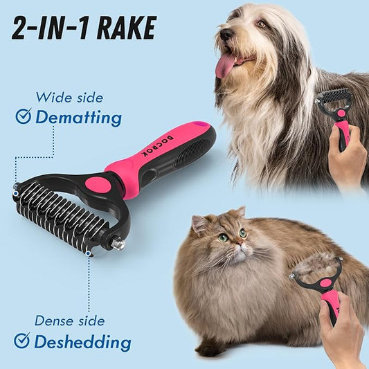 Pet Grooming Brush and Metal Comb Combo, Cat Brush Dog Brush for Shedding, Undercoat Rake for Dogs Grooming, Dematting Deshedding Brush Dogs Shedding Tool for Long matted Haired Pets, Pink - PAWPICO