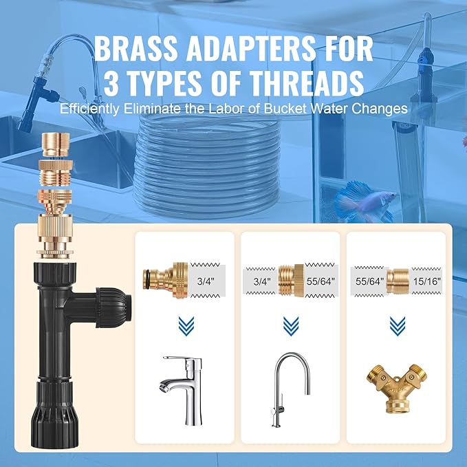 VEVOR Aquarium Vacuum Gravel Cleaner, 33 ft PVC Hose Fish Tank Vacuum Gravel Cleaner, Siphon Fish Tank Cleaner Vacuum, 3 Types of Brass Adapters, for Fish Tank Cleaning Gravel & Sand VEVOR