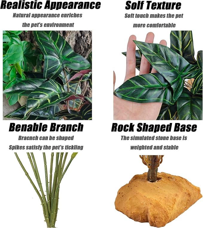 Woyrise Reptile Artificial Plants for Terrarium Decor, Amphibian Habitat Decorations Bearded Dragon Tank Accessories fit Crested Gecko Leopard Lizard Chameleon Ball Python Snake Frog - Fake Alocasia Woyrise