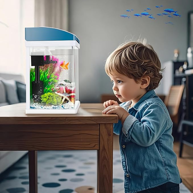 Small Fish Tank 2 Gallon Glass Aquarium Starter Kits, Desktop Betta Fish Tank Beta Fish Aquariums with Filter and Light for Betta Shrimp Guppy Jellyfish Goldfish Beta, Room Desktop Decor, Gifts Wuyusile