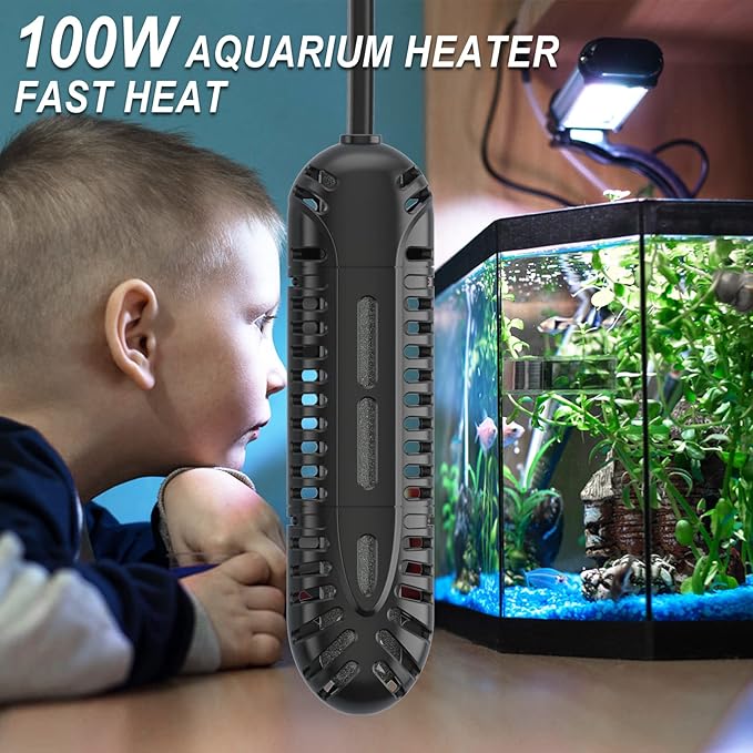 HiTauing Aquarium Heater, 100W Fish Tank Heater with LED Digital Display & 5 Safety Protection, Submersible Aquarium Heater with 2 Suction Cup and 5.9Ft Cord for 10-20 Gallon Fish Tank. HiTauing