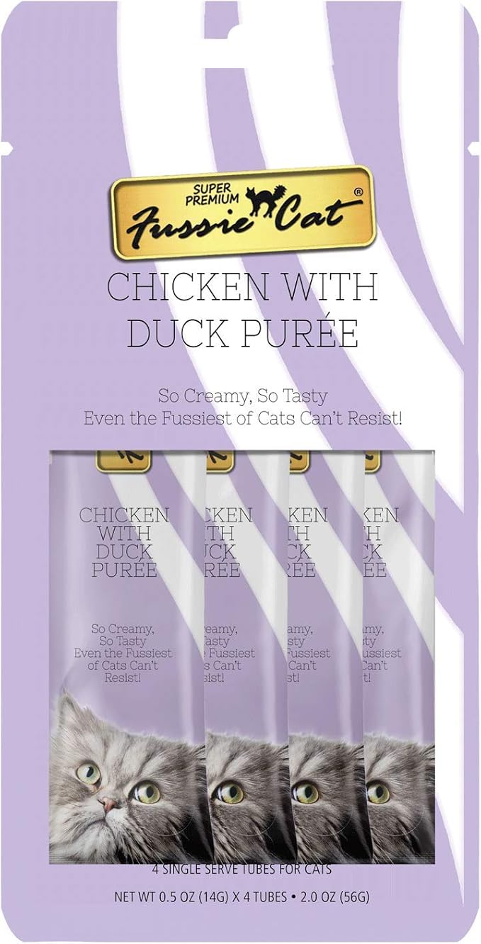 Fussie Cat Chicken with Duck Puree, lickable cat treats, 0.5oz pouch 4 Count (Pack of 1) - PAWPICO