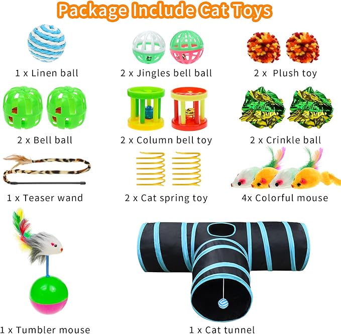 Malier Cat Toys Kitten Toys Set, Collapsible Cat Tunnels for Indoor Cats, Interactive Kitty Toys Cat Feather Toy Fluffy Mouse Crinkle Balls Cat 3 Way Tube Tunnel Toys for Cat Puppy Kitty Kitten - PAWPICO