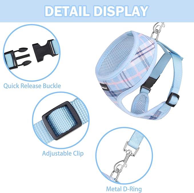 SCENEREAL Puppy Dog Harness with Leash Set for Small Medium Sized Dogs, Soft Mesh Step in Pet Harnesses and Leash, No Chock Plaid Adjustible No Pull Vest for Dogs Cats, Chihuahua,Bulldog (Blue XS) SCENEREAL