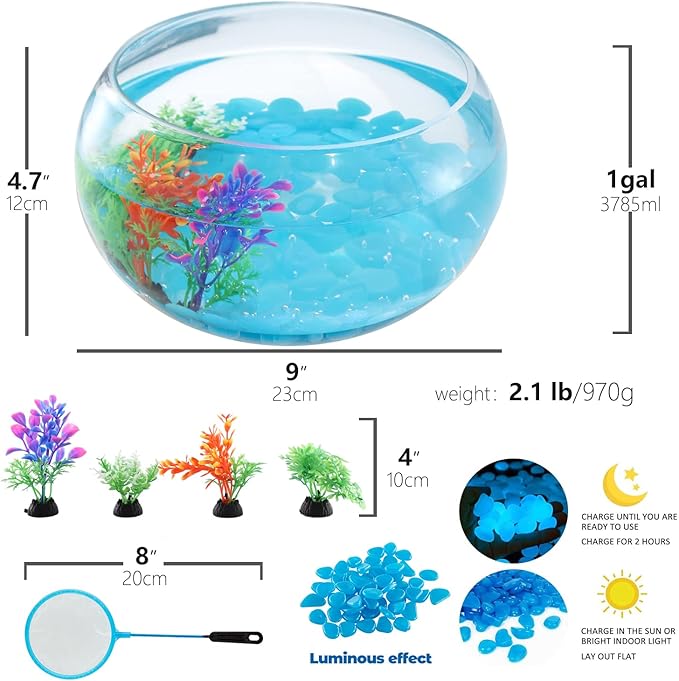 1 Gallon Glass Fish Bowl with Decor, Include Fluorescent Rocks & Colorful Plastic Trees, High White Glass for Clear View, Small Fish Bowl/Aquarium for Betta/Goldfish, Nice Home Décor LAQUAL