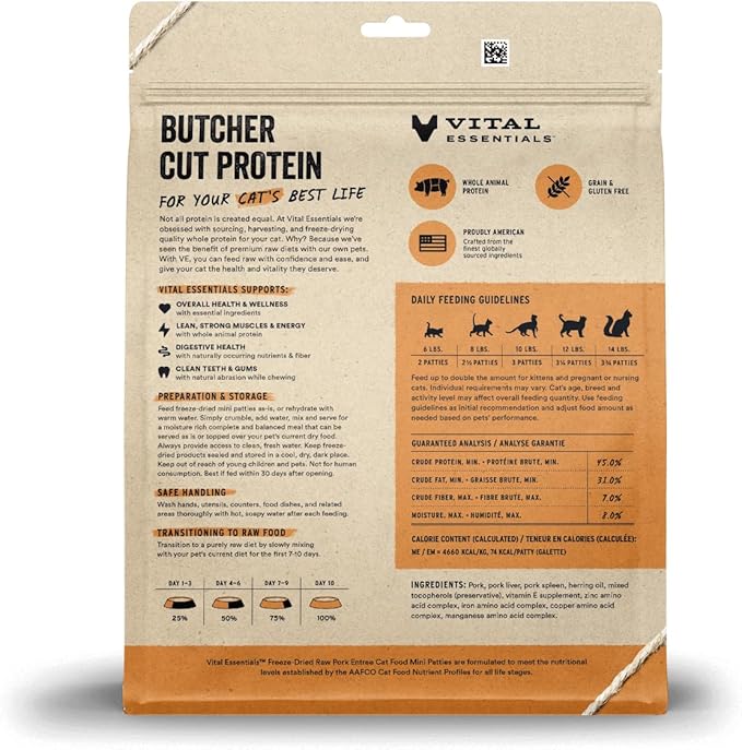 Vital Essentials Freeze Dried Raw Cat Food, Pork Mini Patties Entree, 15 oz VitalEssentials