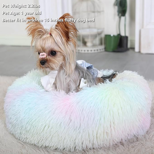 Fluffy Rainbow Dog Bed Extra Small Washable,Calming Dog Bed Rainbow for Small Dogs 15 inches Donut Soft Small Pet Bed,Anti Anxiety Round Fits up to 5 lbs Warm Comfort Pets Beds for Puppy Dogs Indoor - PAWPICO