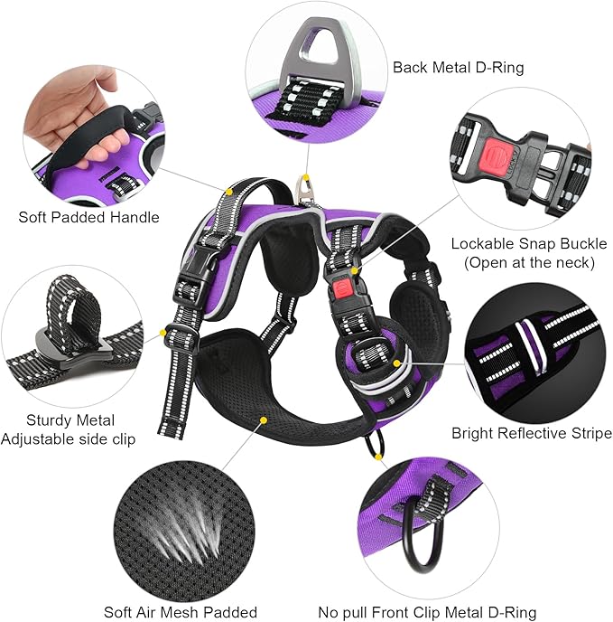 Timos Dog Harness Large Sized, No Pull Dog Harness with Neck Lockable Snap,No Choke Front Clip Dog Reflective Harness,Adjustable Metal Rings 3 Buckles,Easy Control Handle for Large Dogs Purple XL Timos