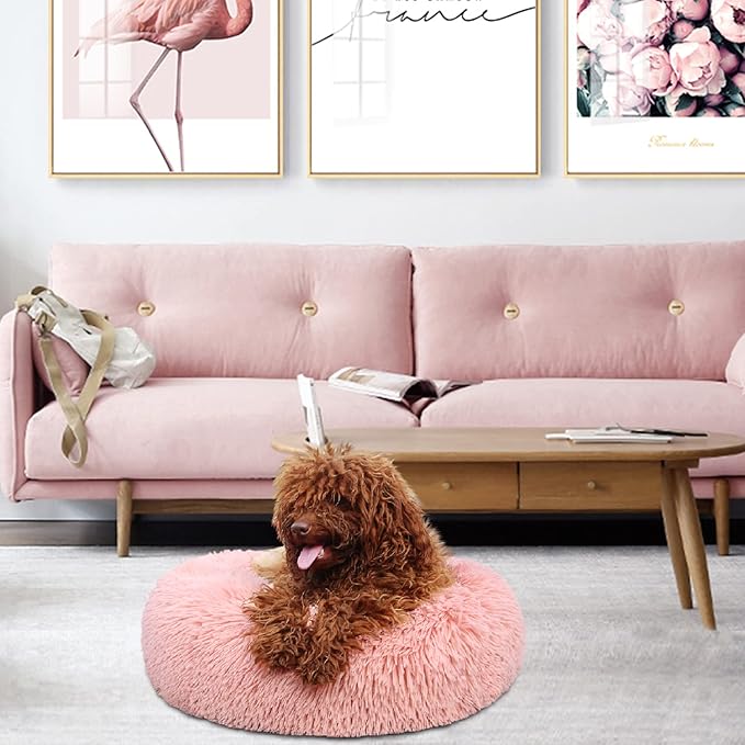 Pink Dog Bed for Small Dogs Machine Washable, Calming Bed for Puppy with Anxiety,19 Inch Round Donut Cute Soft Plush Cuddler Girl Dog Bed for small size dogs with Fluffy Faux Fur,Fits Under 10 lb Pets - PAWPICO