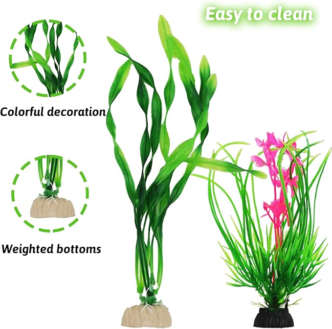 Fish Tank Accessories Aquarium Decorations Plants, 9pcs Green Fish Tank Decorations Plants and Cave Rock Decoration Decor Set, Aquarium Decor Plastic Plants PAWPICO