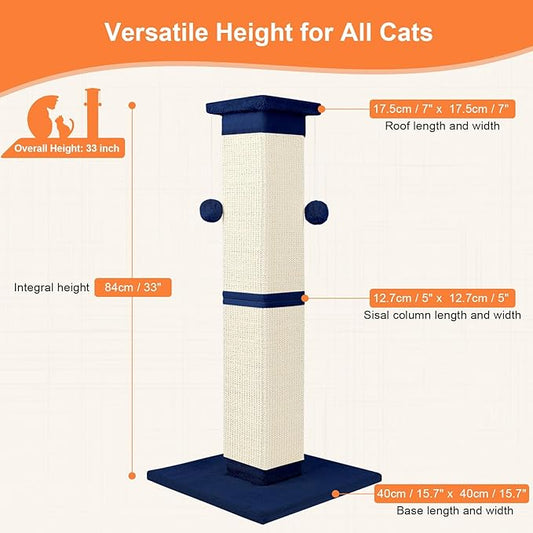 Cat Scratching Post 33 Inch Nature Sisal Cat Scratch Post for Indoor Cats, Large Cat Scratcher Protect Your Furniture, for All Breeds Blue - PAWPICO