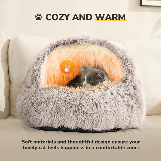 CATISM Cat Bed, Plush Hooded Cat Beds for Indoor Cats, Calming Cat Nest, Self Warming Cat Bed Cave, Cozy Cat Pod for Indoor Cat or Small Dog, Removable Washable Cat Cove with Non-Slip Bottom - PAWPICO