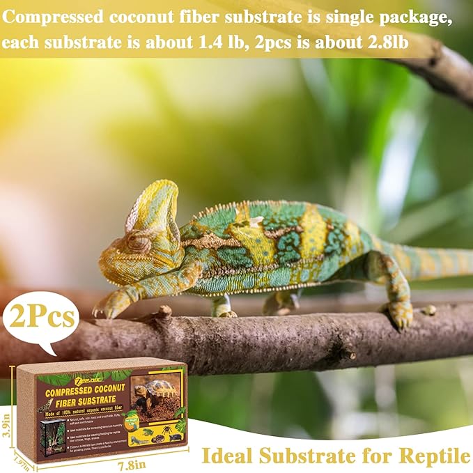 ZeeDix 2Pcs Compressed Coconut Fiber Substrate, 100% Organic Coco Coir Fiber Brick Substrate Fluffy Bearded Dragon Tortoise Snake Terrarium Substrate Loose Natural Husk Terrarium Bedding for Reptiles ZeeDix