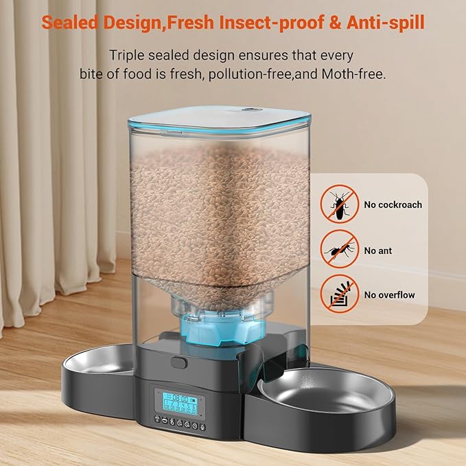 HoneyGuaridan 5L Automatic Cat Feeder for Two Cats, Cat Food Dispenser with Stainless Steel Bowl,Timed Cat Feeder Programmable 1-6 Meals Control, Dual Power Supply,Desiccant Bag,10s Meal Call Black - PAWPICO