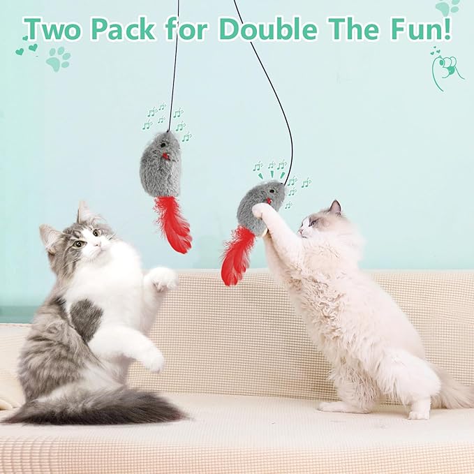 FYNIGO Self Play Cat Toys,2 Pack Door Hanging Cat Mouse Toy with Squeaky Sound,No Batteries Required,Interactive Cat Enrichment Toys for Bored Indoor Adult Cats,Cat Boredom Toys Mice with Feather Tail - PAWPICO