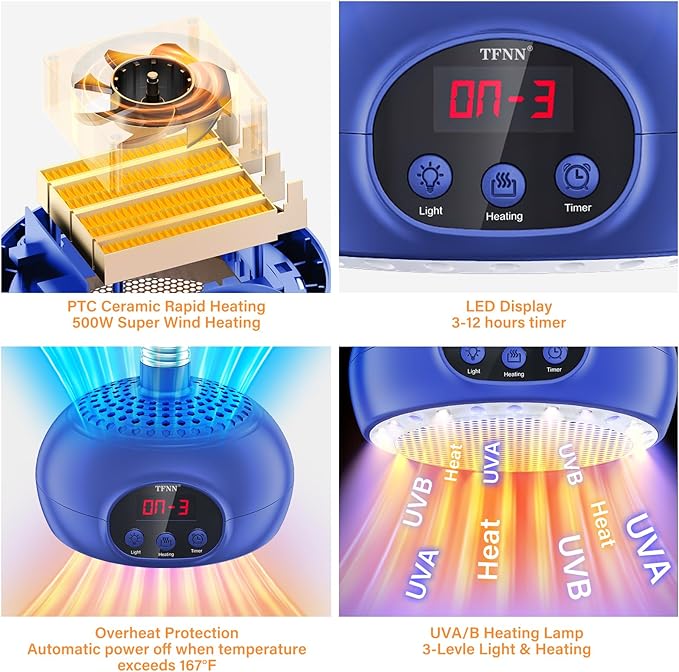 Chicken Coop Heater Lamps,200W-350W-500W Reptile Heating Lamp with UVA UVB Ligh 3-6-9-12H Timer,Protable Greenhouse Heater for Outdoor Chicken Coop Indoor Reptile Rabbits Dog Cats (Blue) TFNN