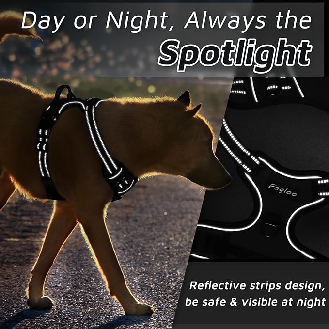 Eagloo Dog Harness Medium Sized Dog, No Pull Service Vest with Reflective Strips and Control Handle, Adjustable and Comfortable for Easy Walking, No Choke Pet Harness with 2 Metal Rings, Black, M GoExplorewithEagloo