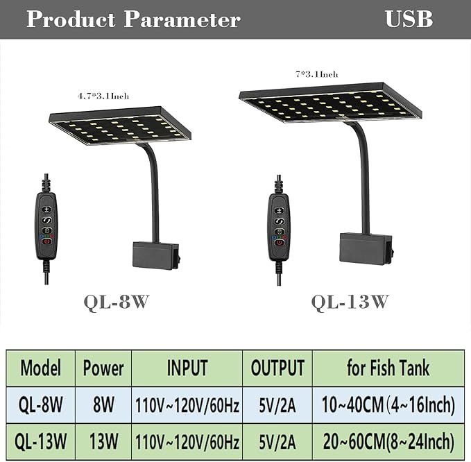 Carefree Fish Aquarium LED Light USB 5V RGBW 5730 Timmer 5~20Gal Fish Tank Clip Light for Rimless Tank 10 Brightness Levels 13W with USB Port (Include Power Adapter) Bewatermyfriend