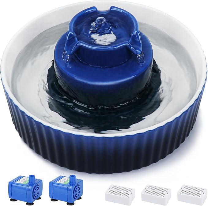 Ceramic Cat Water Fountain, 2.1L/71oz Cat Fountain with 3 Carbon Filters and 2 Water Pumps, Cupcake Pet Water Fountain for Cats and Dogs (Dark Blue) - PAWPICO