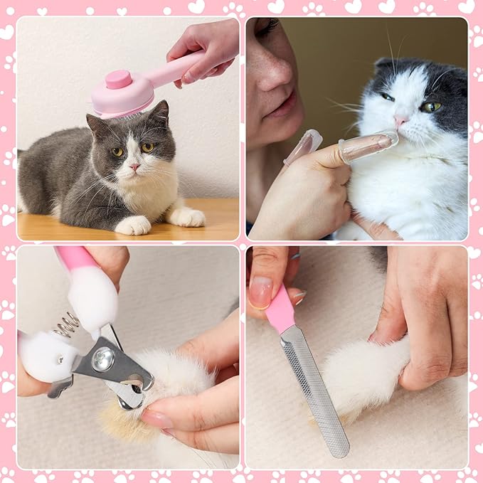 VCZONE 8 Pcs Cat Brush Grooming Kits, Pet Self Cleaning Kit with Pet Nail Clipper and File, Flea Comb, Pet Shampoo Bath Brush, Pet Shedding Brush, Silicone Toothbrush (Pink) - PAWPICO