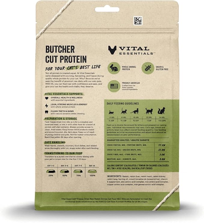 Vital Essentials Freeze Dried Raw Cat Food, Rabbit Mini Nibs Entree, 12 oz VitalEssentials