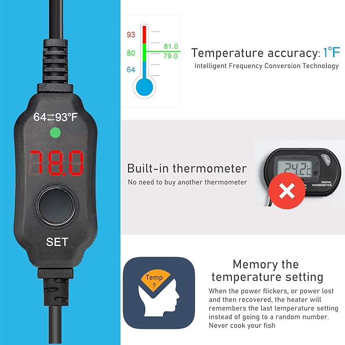 YukiHalu Small Submersible Aquarium Heater, Adjustable Mini Fish Tank Heater 25W 50W 100W 200W 300W with External Temperature Controller, LED Display, Used for 5/10/20/40/60 Gallons (100 Watts) YukiHalu